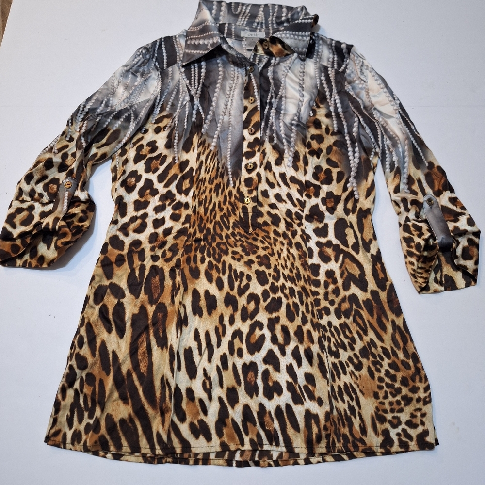 Y2K Glam Cache Small Silk Leopard & Pearl Print Long Blouse Rare